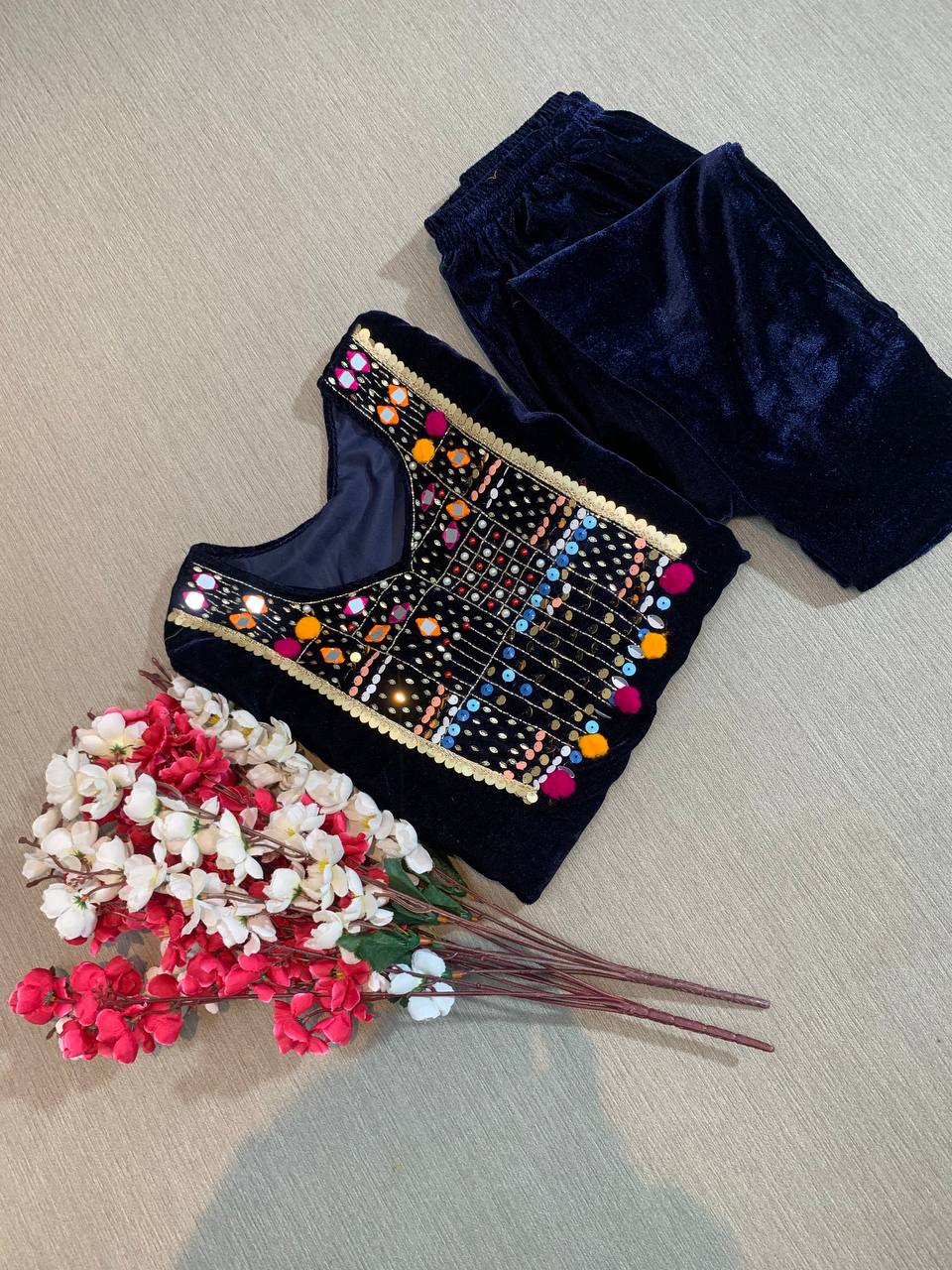 Hand Work Navy Blue Color Velvet Top With Pant