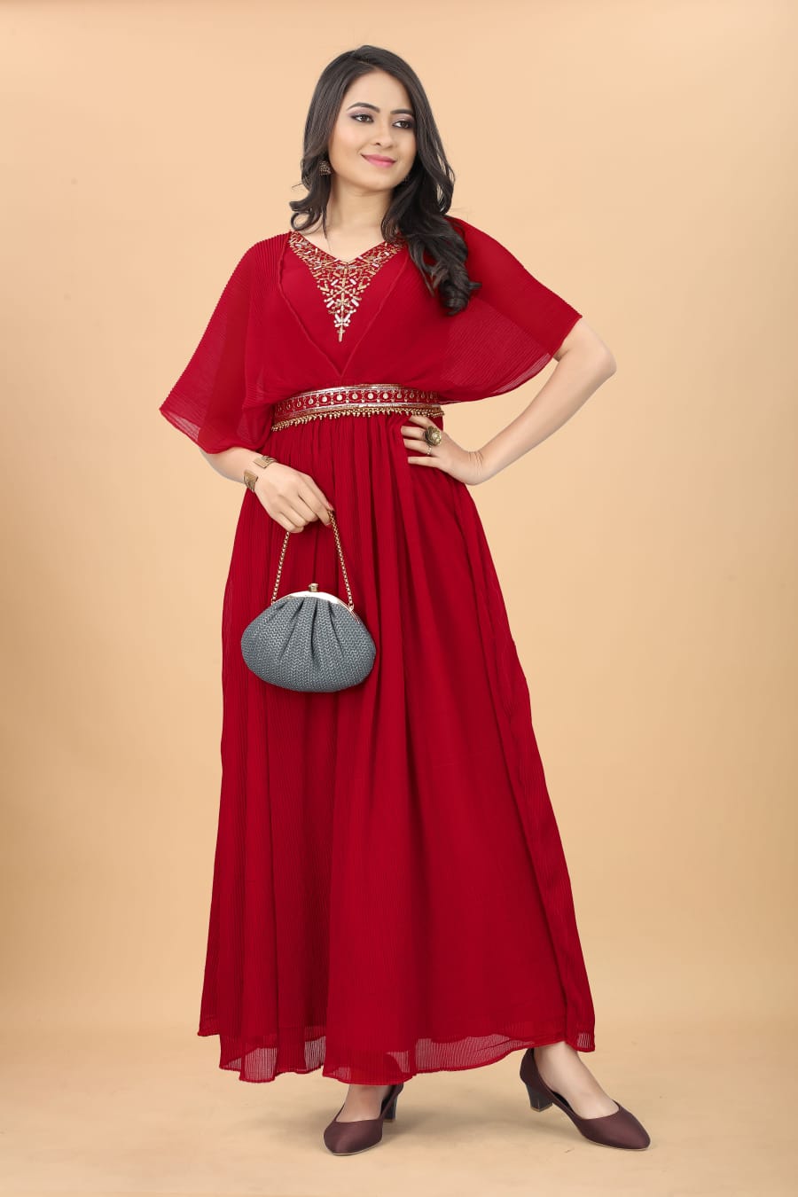 Red Color Fancy Pleated Designer Gown