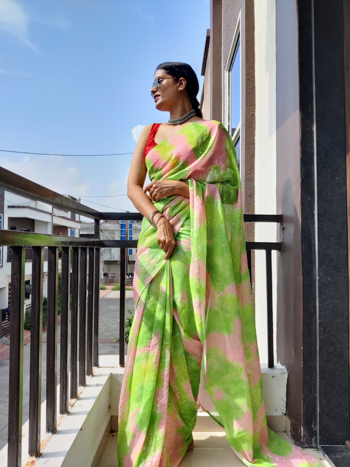 Shibori Print Pista Color Sequins Work Ready To Wear Saree