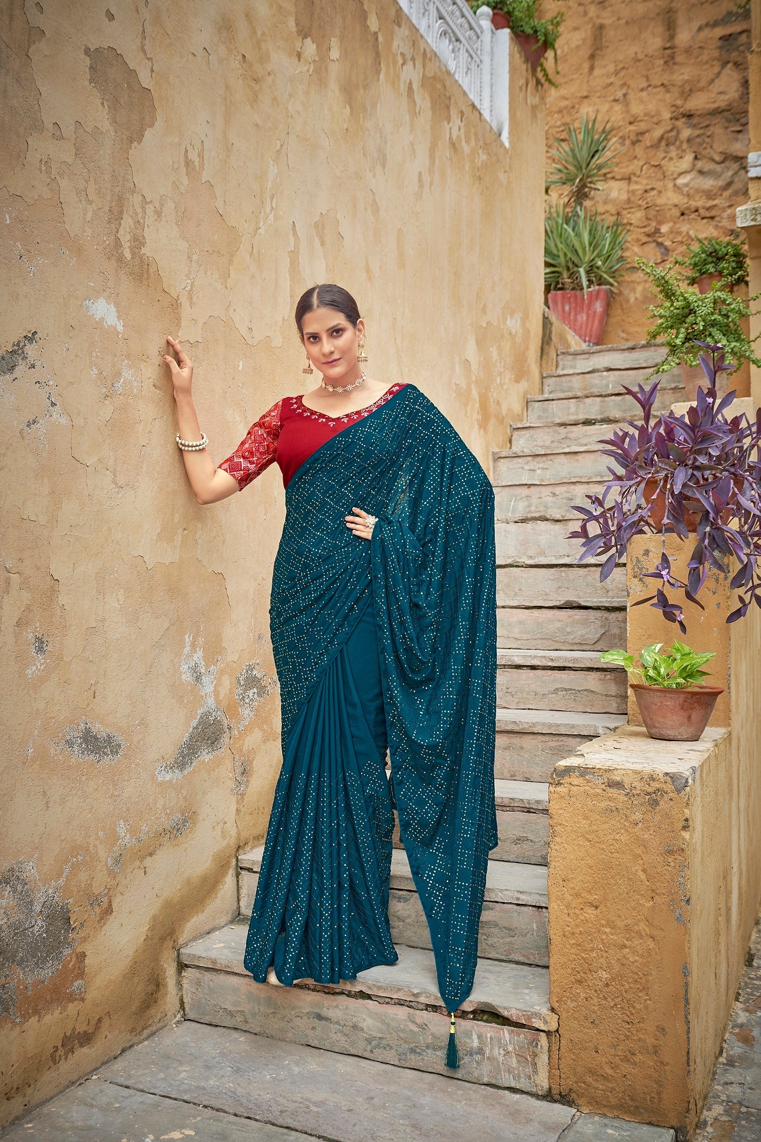 Fancy Teal Blue Color Sequence Thread Work Chinon Saree