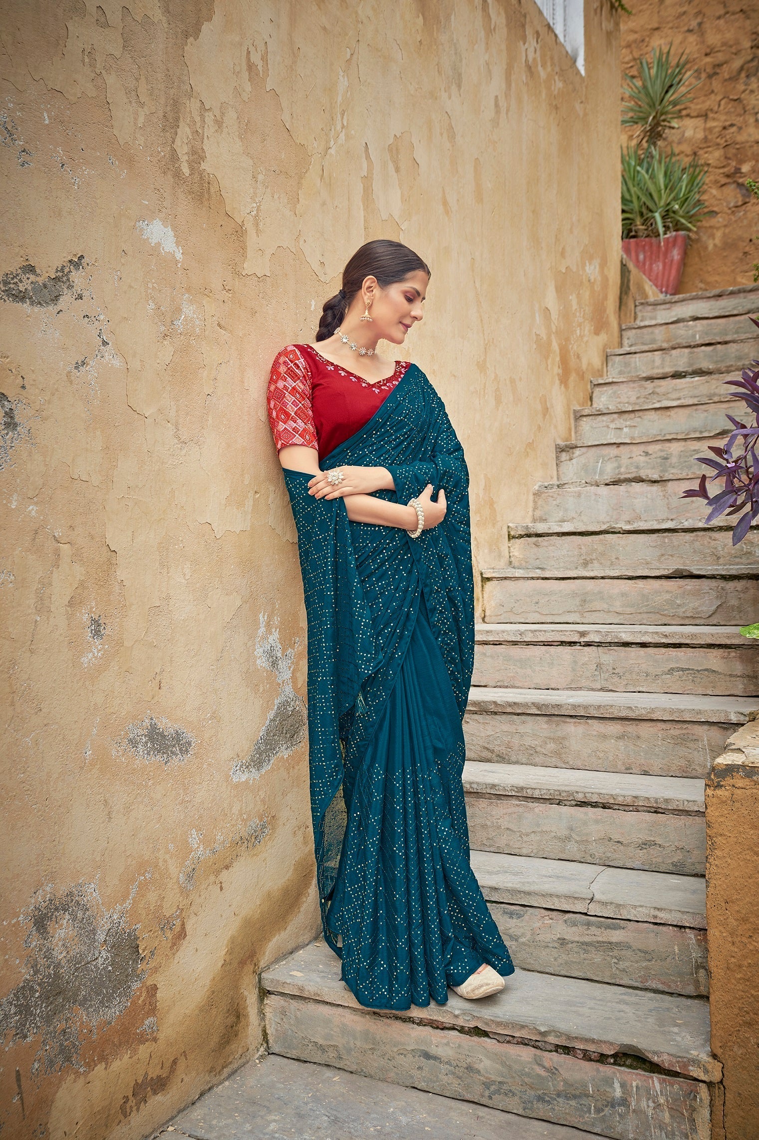 Fancy Teal Blue Color Sequence Thread Work Chinon Saree