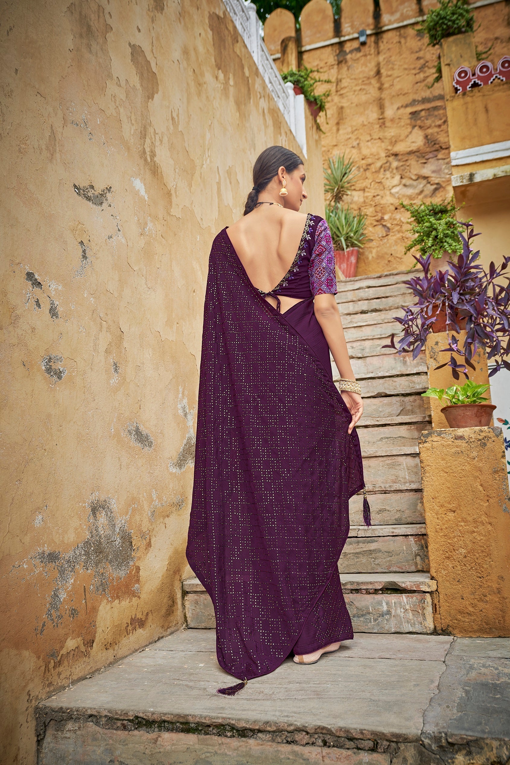 Fancy Purple Color Sequence Thread Work Chinon Saree