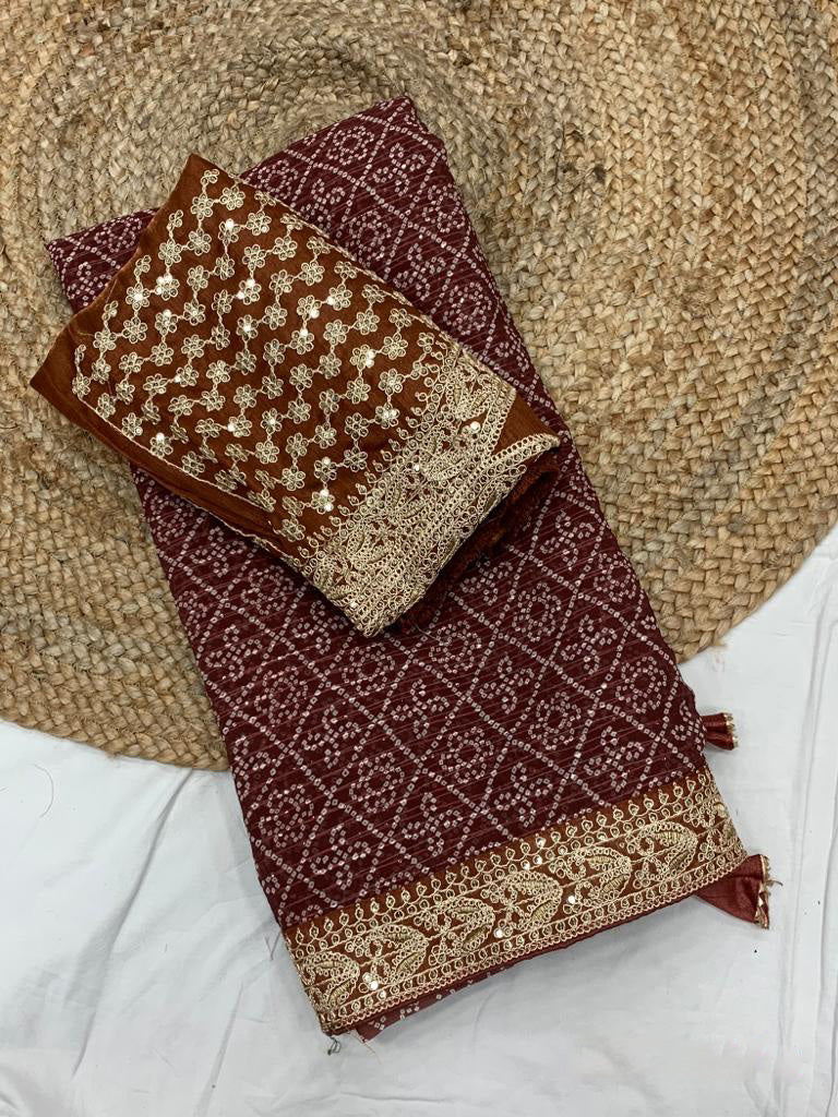 Bandhani Print Brown Color Crochet Work Saree