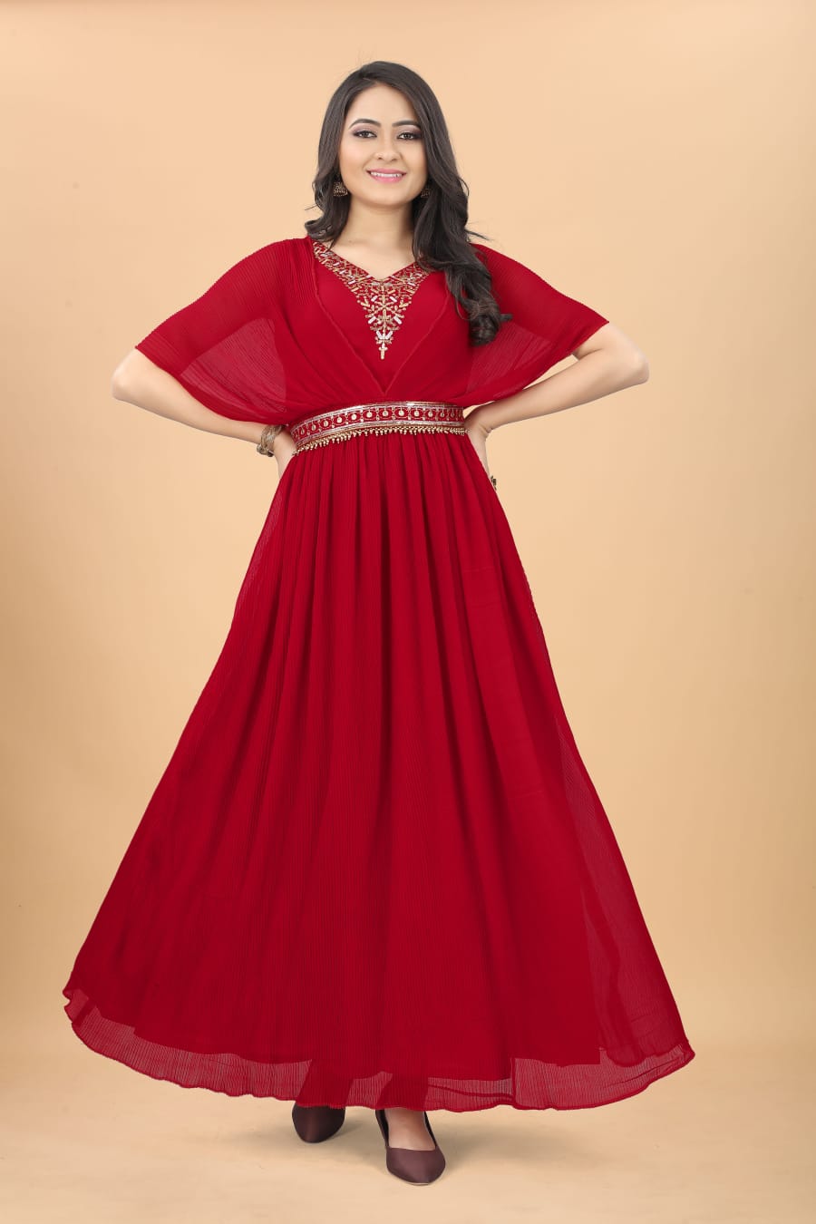 Red Color Fancy Pleated Designer Gown