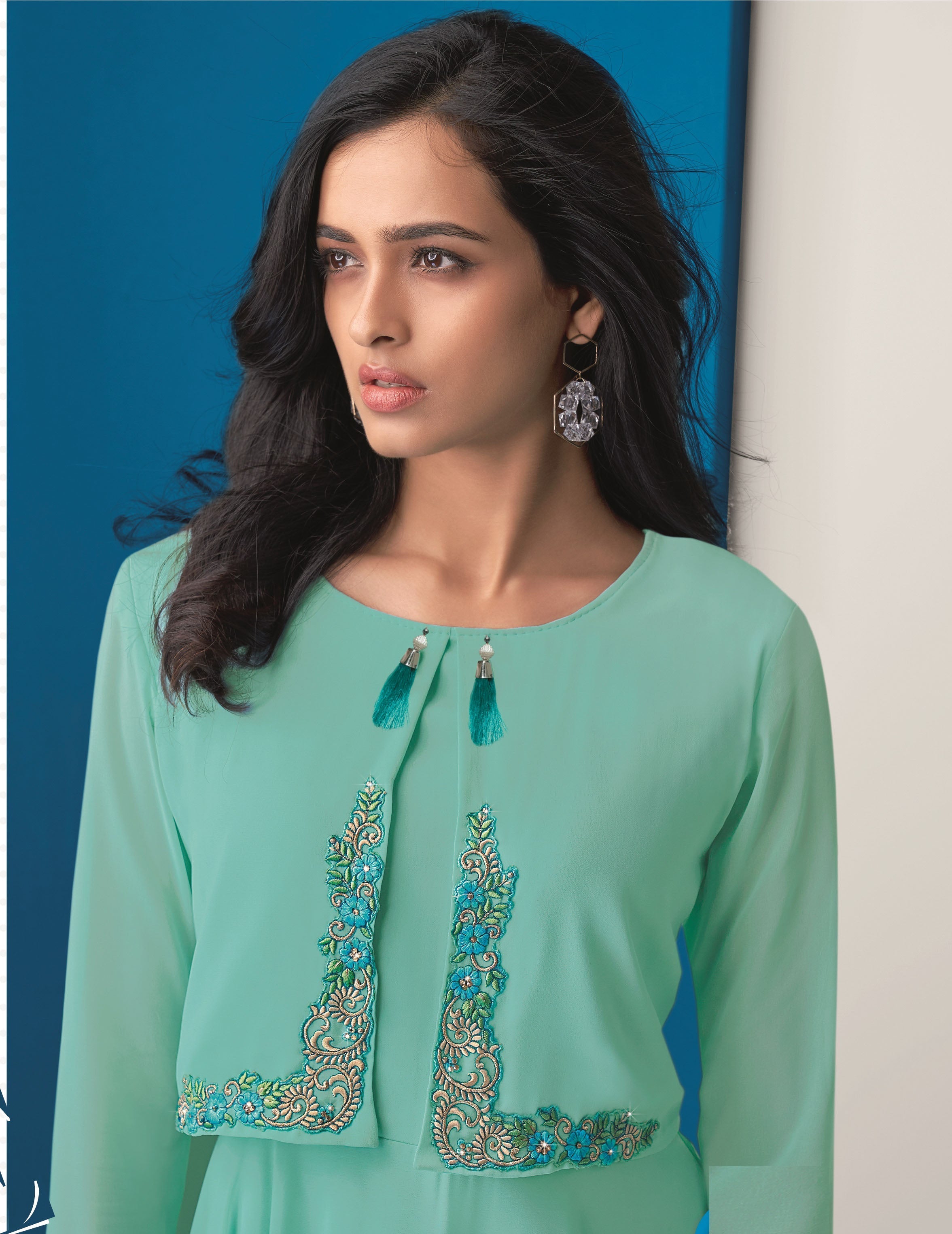 Aqua Green Color Thread Work Anarkali Gown