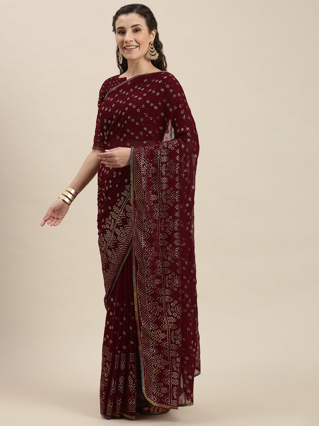 Maroon Color Silver-Toned Embroidered Saree