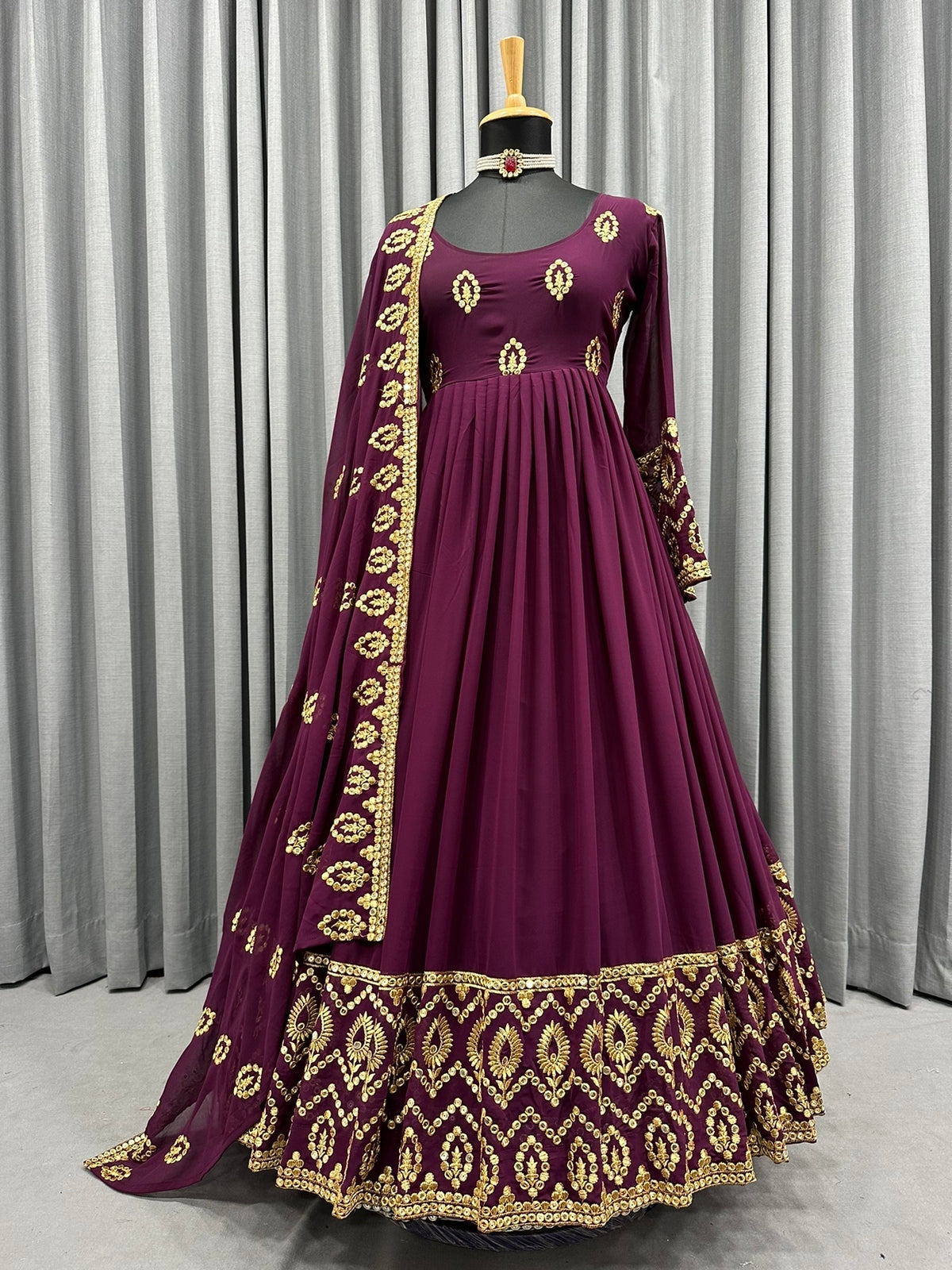 Gorgeous Wine Color Sequence Embroidery Work Gown