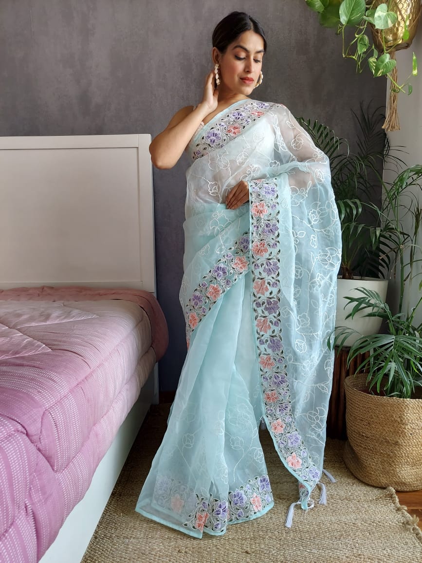 Sky Blue Color Embroidery Work Organza Saree