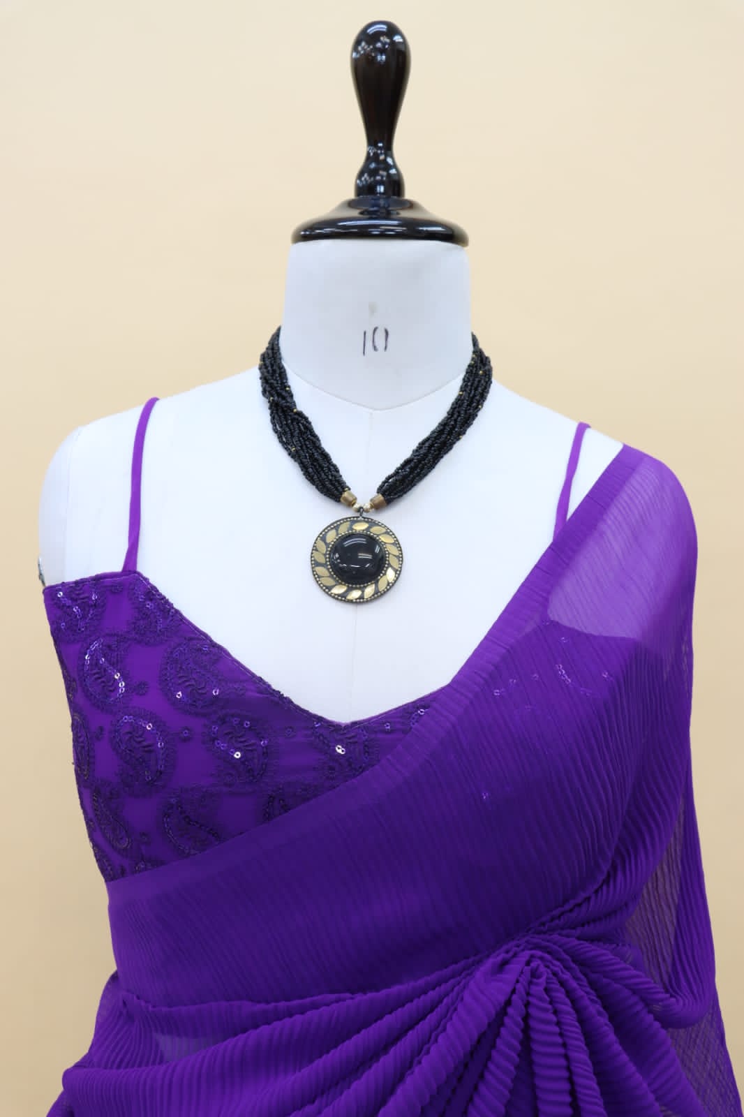 Plated Purple Color Saree With Beautiful Work Blouse