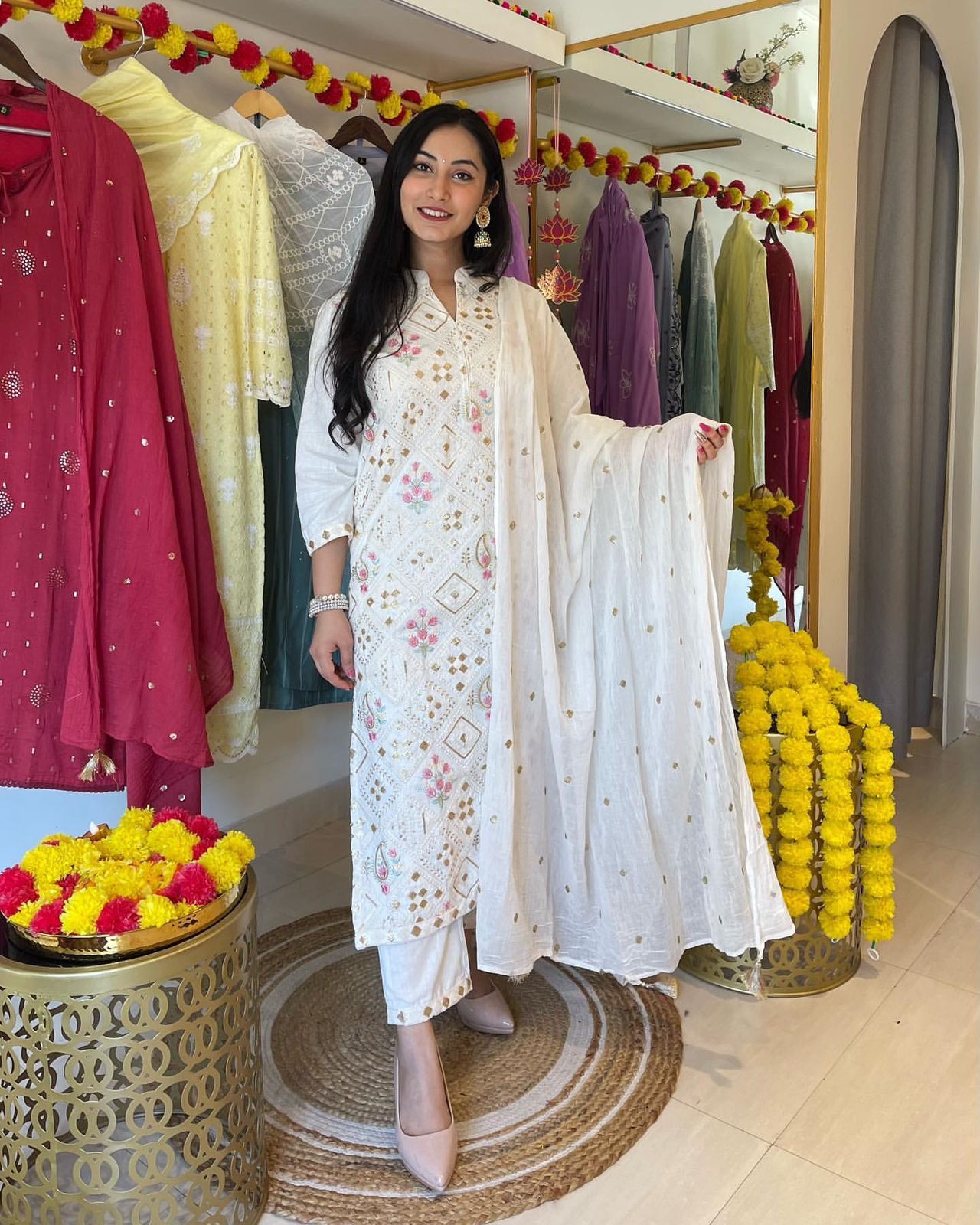 Attractive White Color Thread Work Salwar Suit