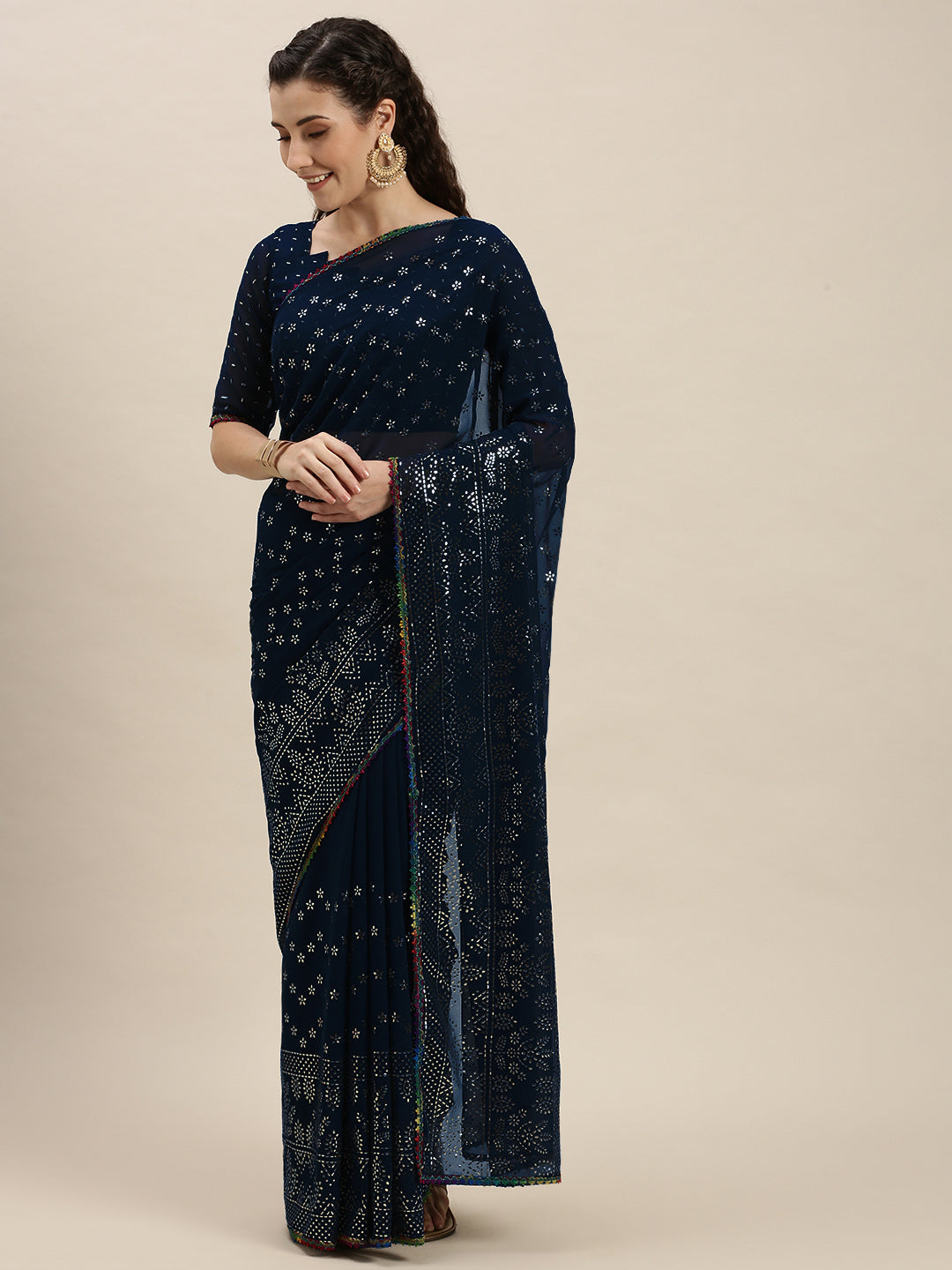 Blue Color Silver-Toned Embroidered Saree
