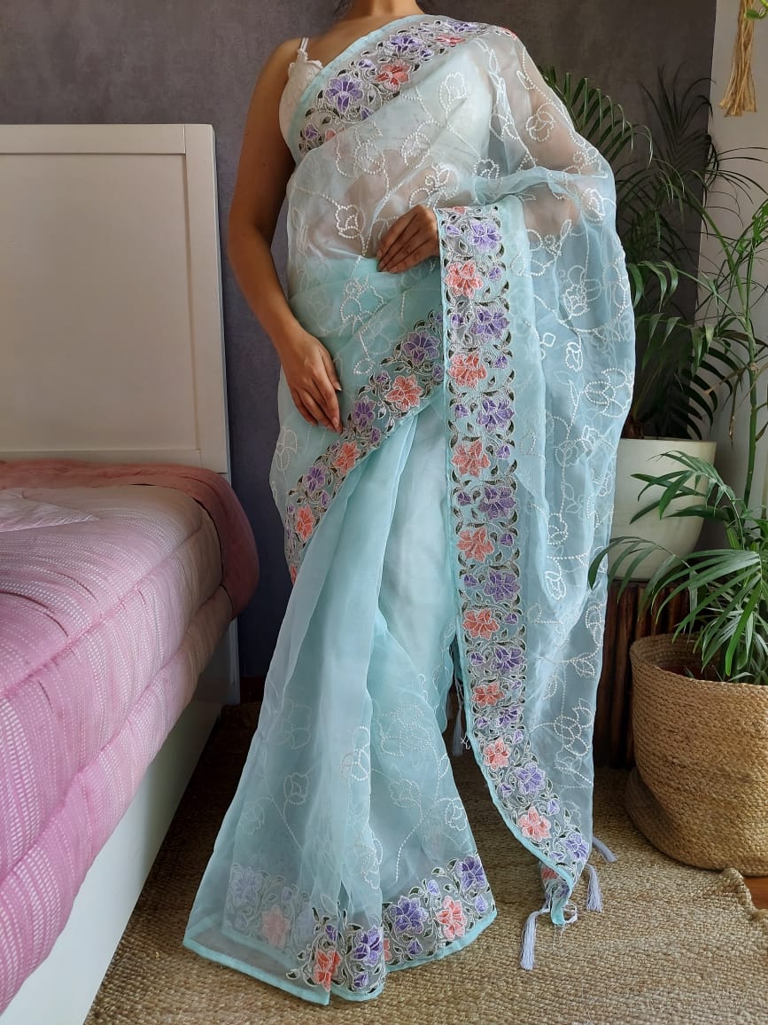 Sky Blue Color Embroidery Work Organza Saree