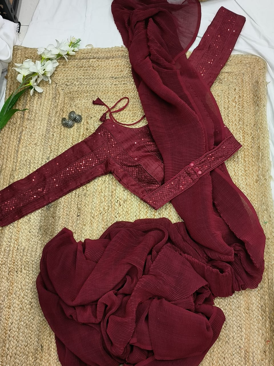 Maroon Color Crushed Saree With Fancy Attached Belt Blouse