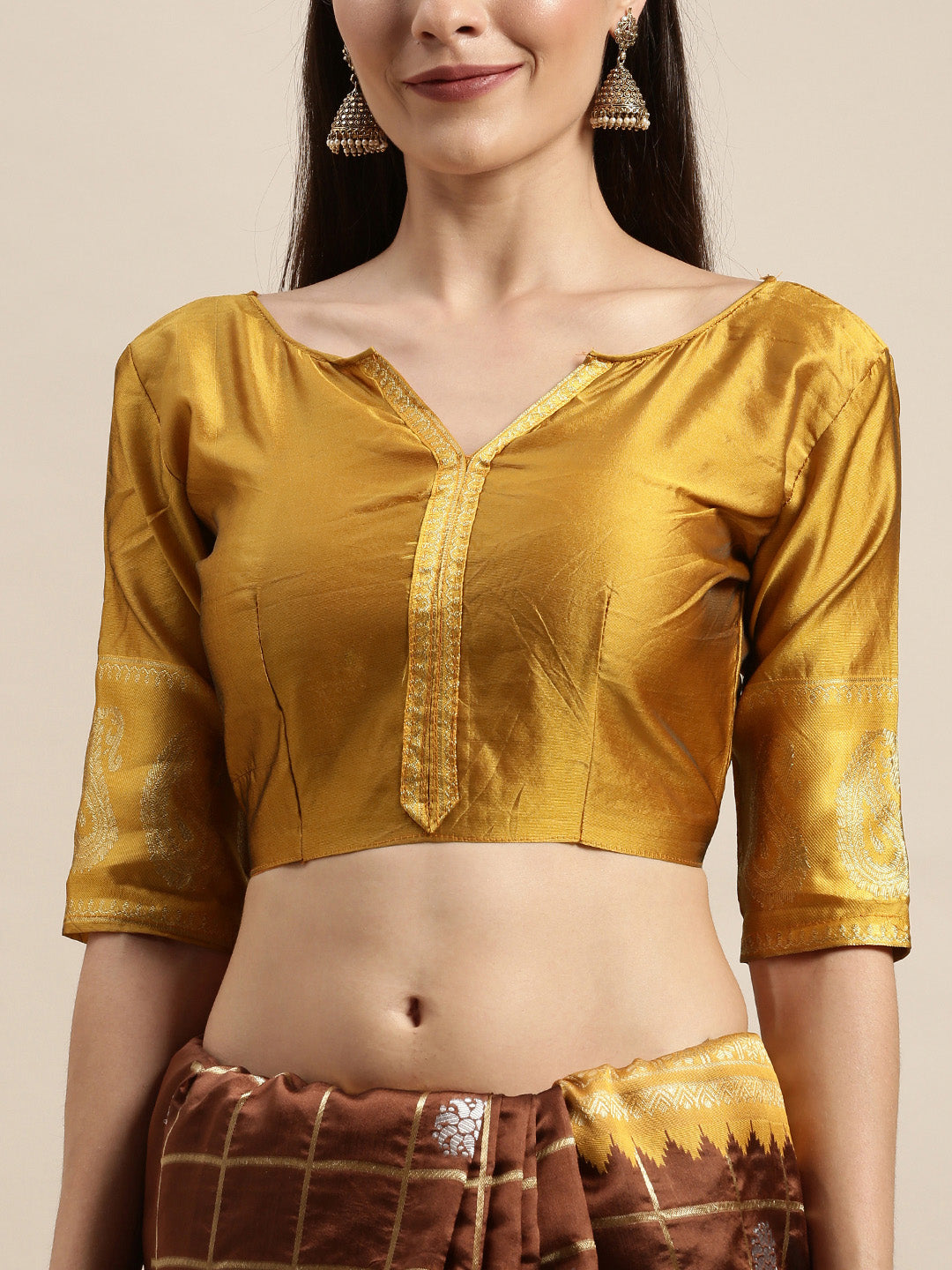 Admiring Brown And Yellow Banarasi Silk Saree