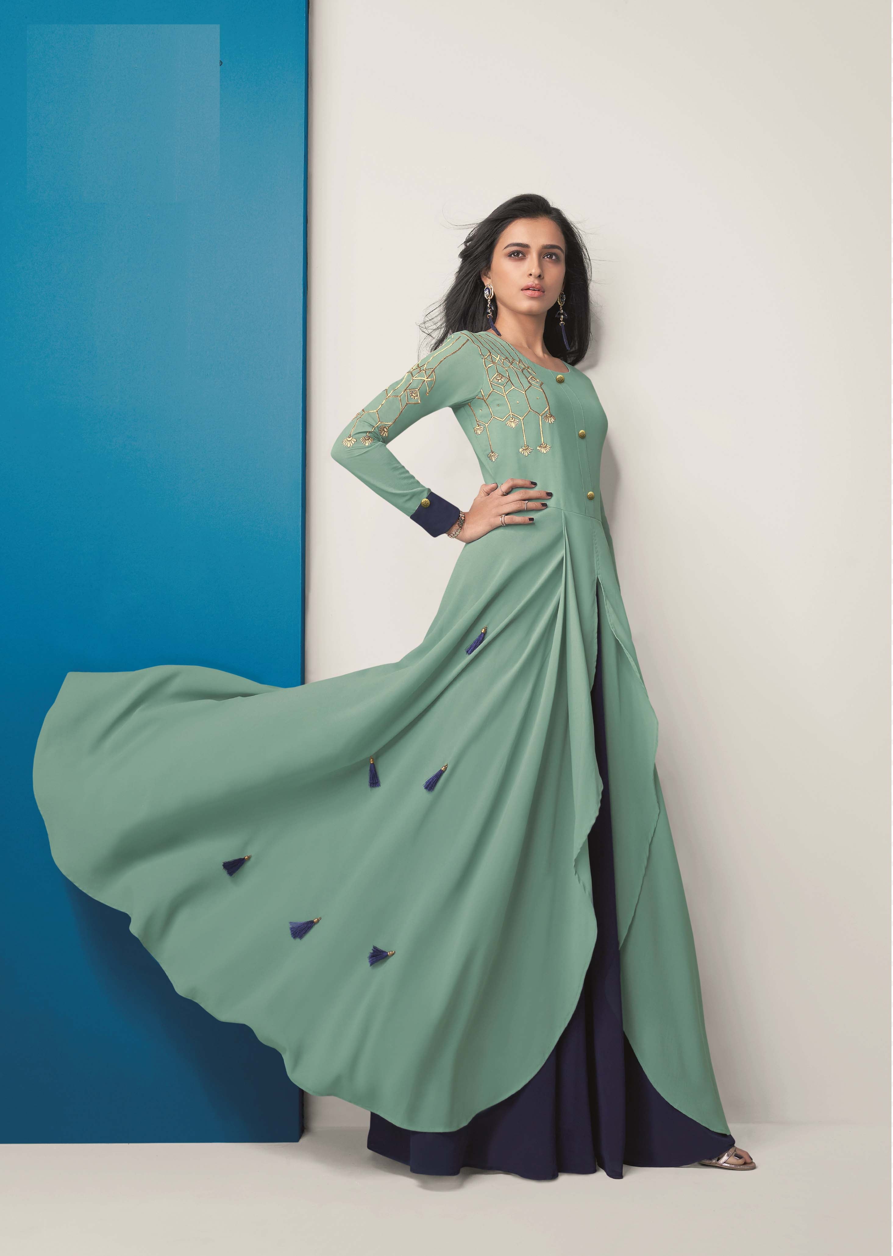 Pista And Navy Blue Color Thread Work Anarkali Gown