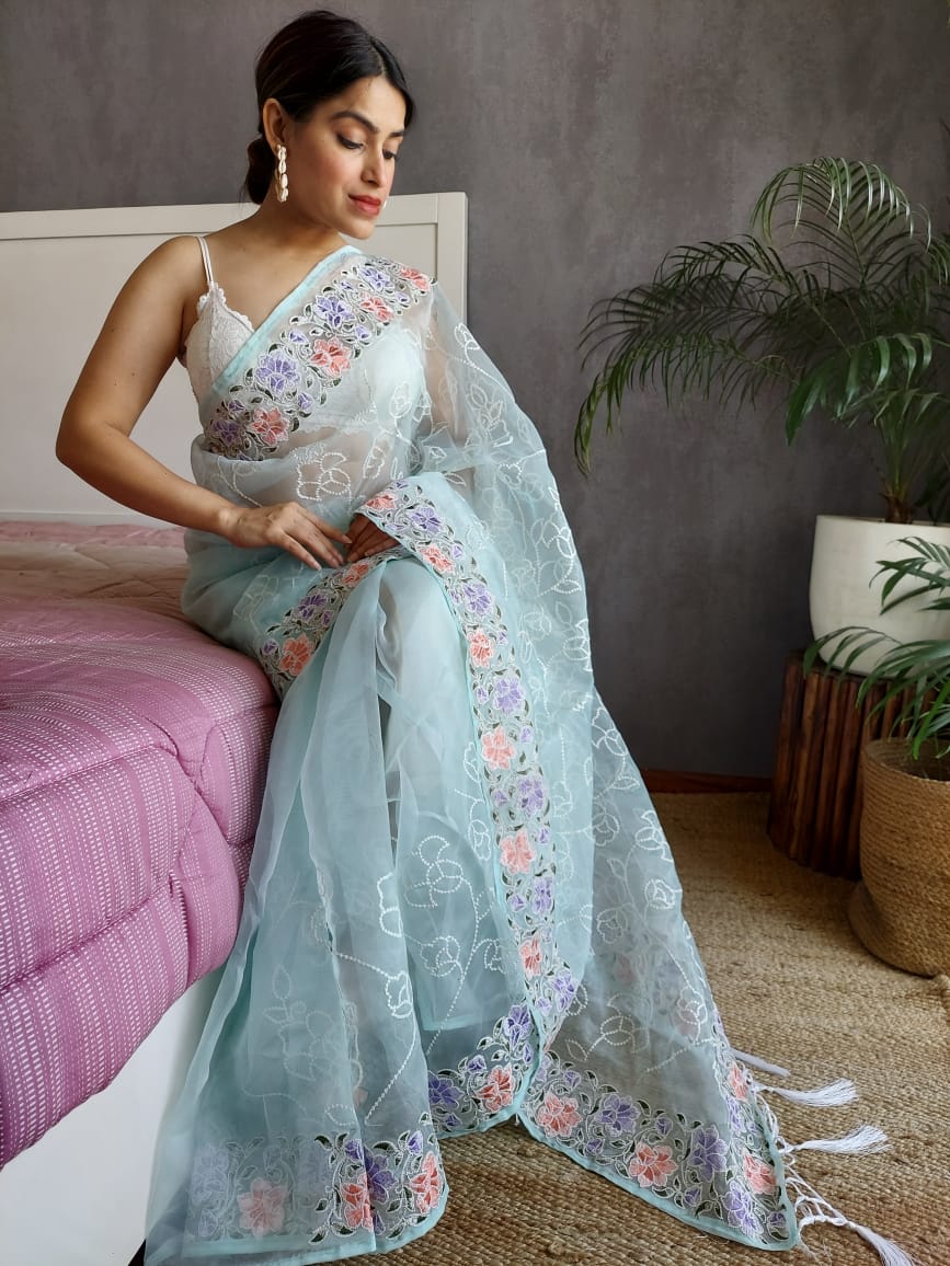 Sky Blue Color Embroidery Work Organza Saree