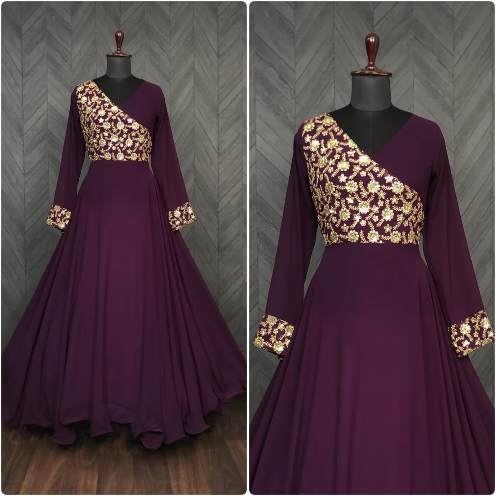 Fabulous Wine Color Embroidered Work Gown