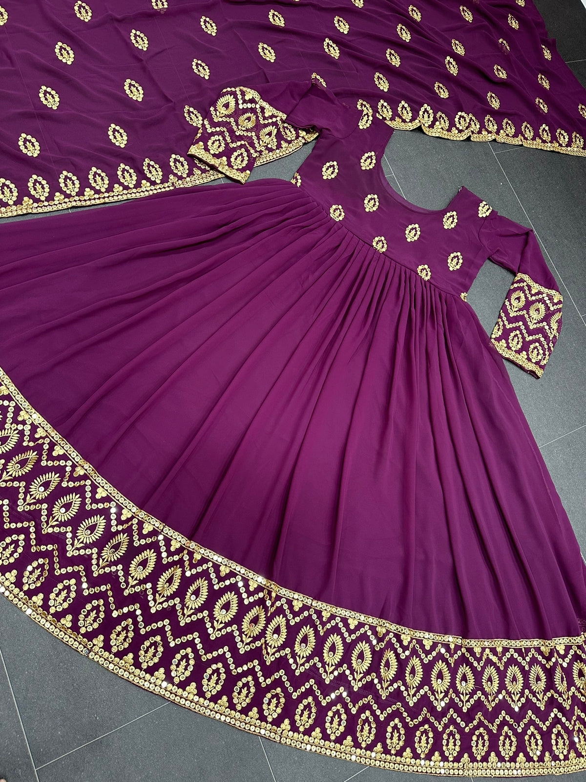 Gorgeous Wine Color Sequence Embroidery Work Gown