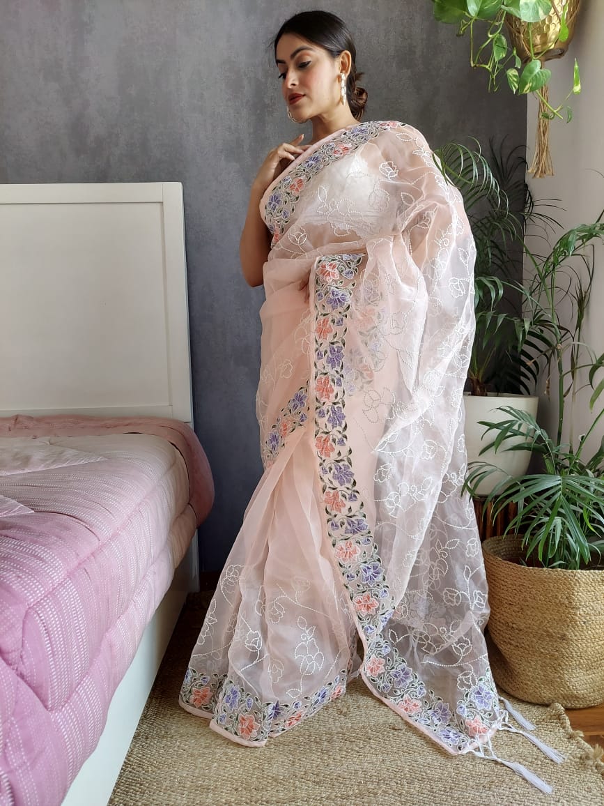 Peach Color Embroidery Work Organza Saree