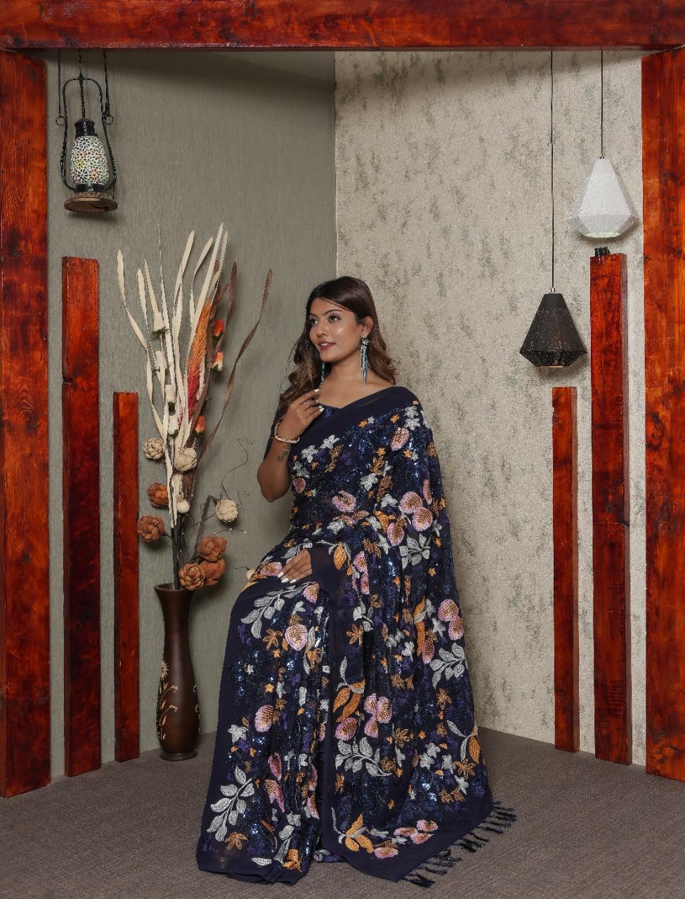 Heavy Multi-embroidered Sequence Work Navy Blue Color Saree
