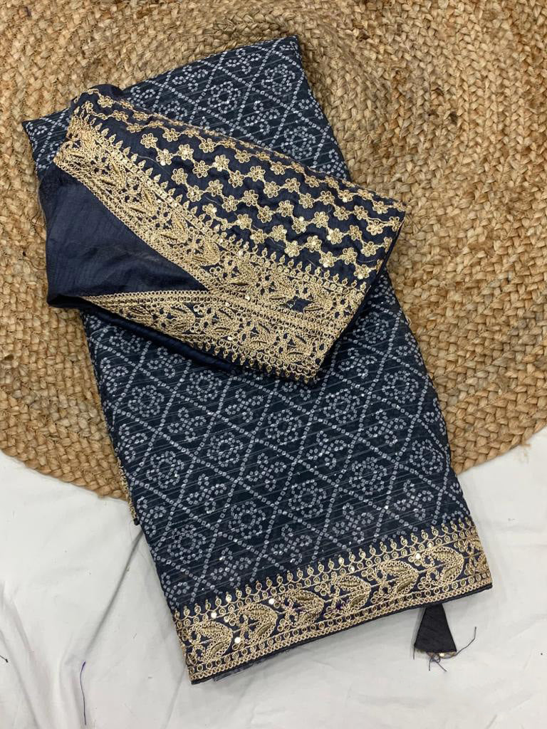 Bandhani Print Teal Blue Color Crochet Work Saree