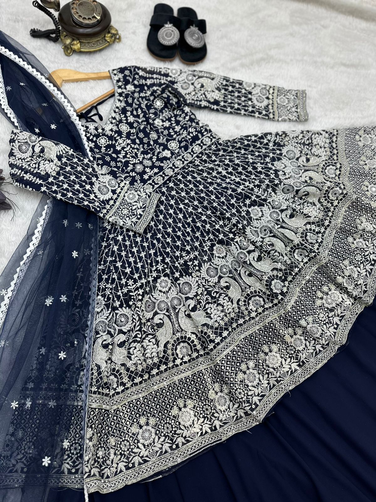 Decent Navy Blue Color Embroidery Work Top With Lehenga