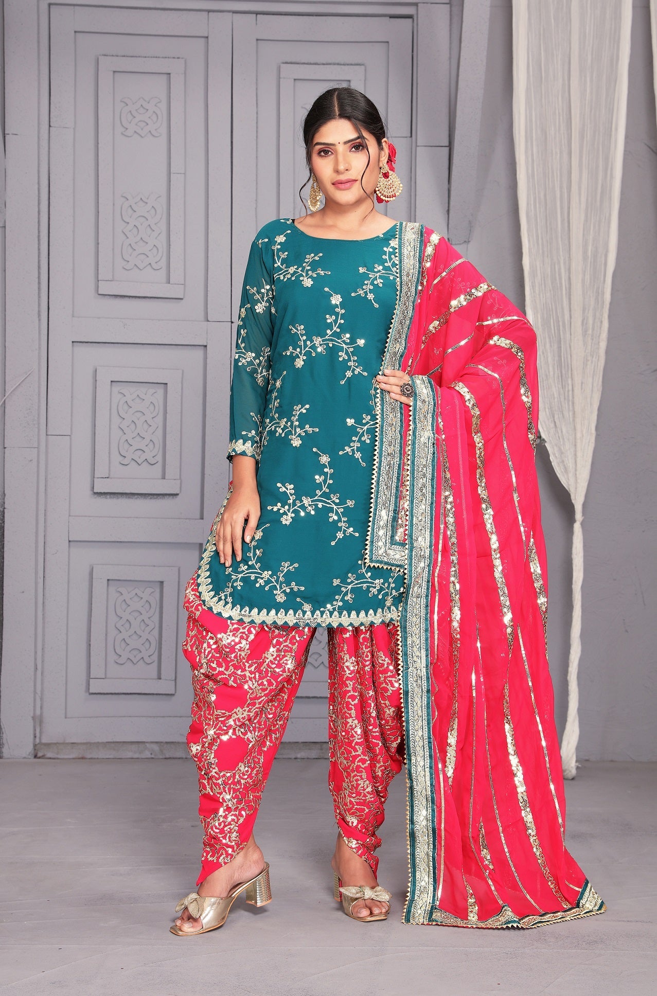 Presenting Teal Blue With Pink Color Dhoti Suit