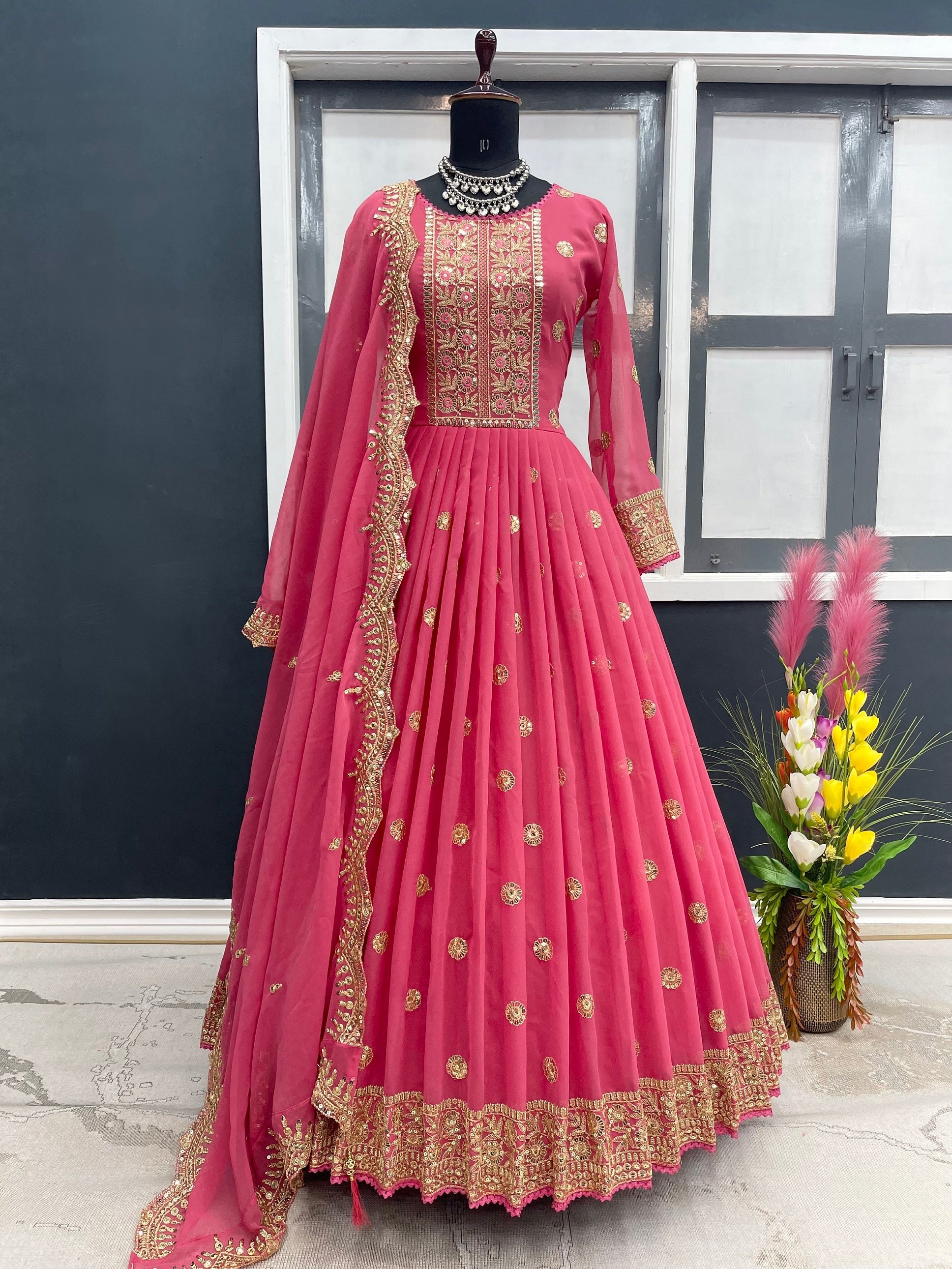Designer Pink Color Embroidery Work Gown