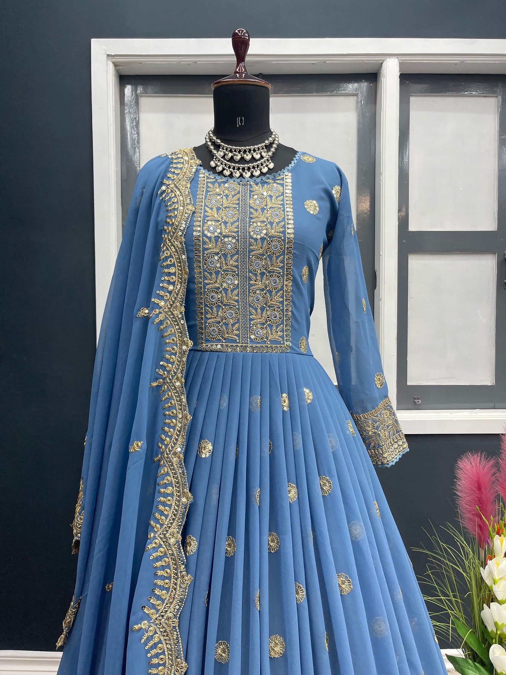 Designer Sky Blue Color Embroidery Work Gown