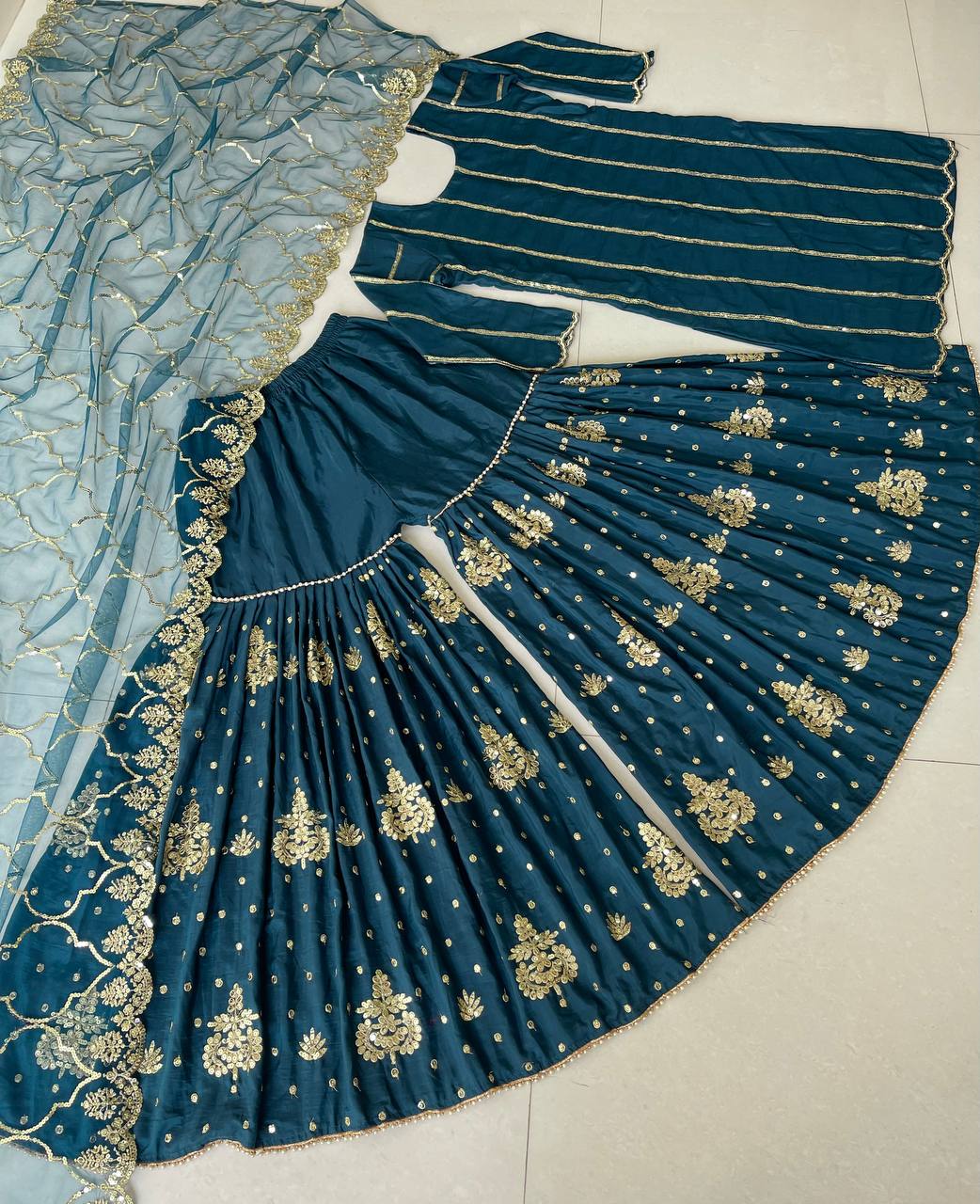 Fancy Teal Blue Color Sequence Work Silk Sharara Suit