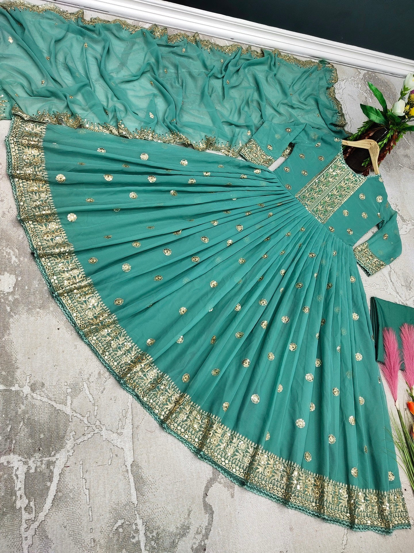 Designer Pista Green Color Embroidery Work Gown