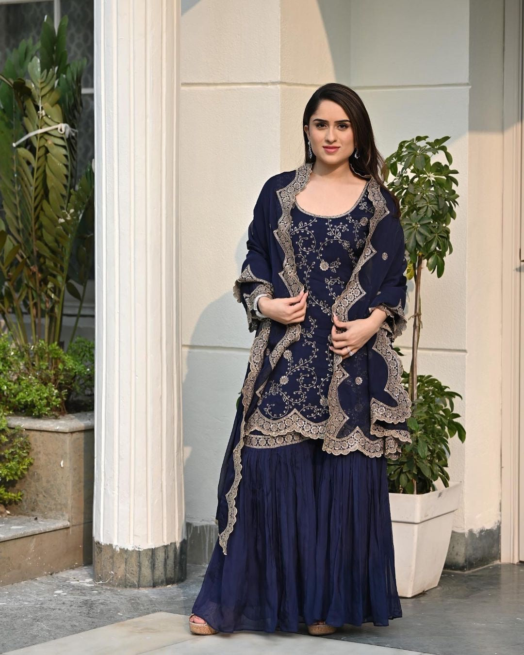 Designer Navy Blue Color Embroidery Sequence Cutwork Sharara Suit