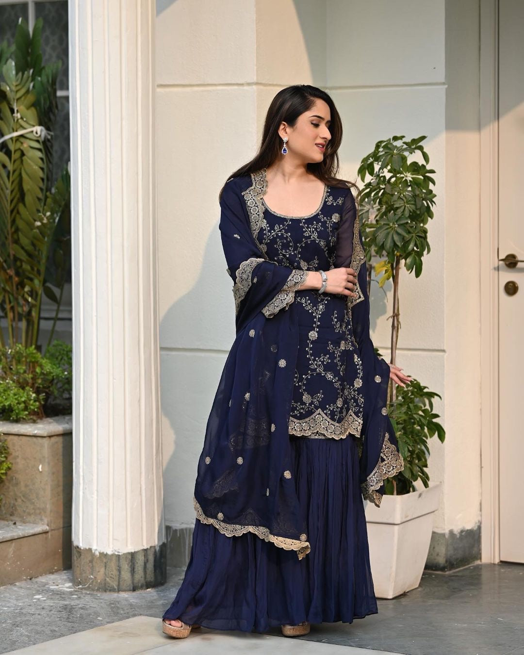 Designer Navy Blue Color Embroidery Sequence Cutwork Sharara Suit