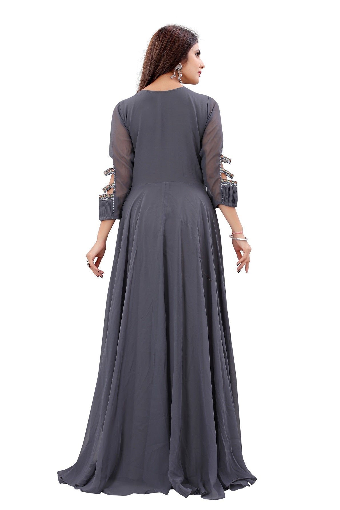 Designer Dark Grey Color Fancy Sleeve Pattern Georgette Gown