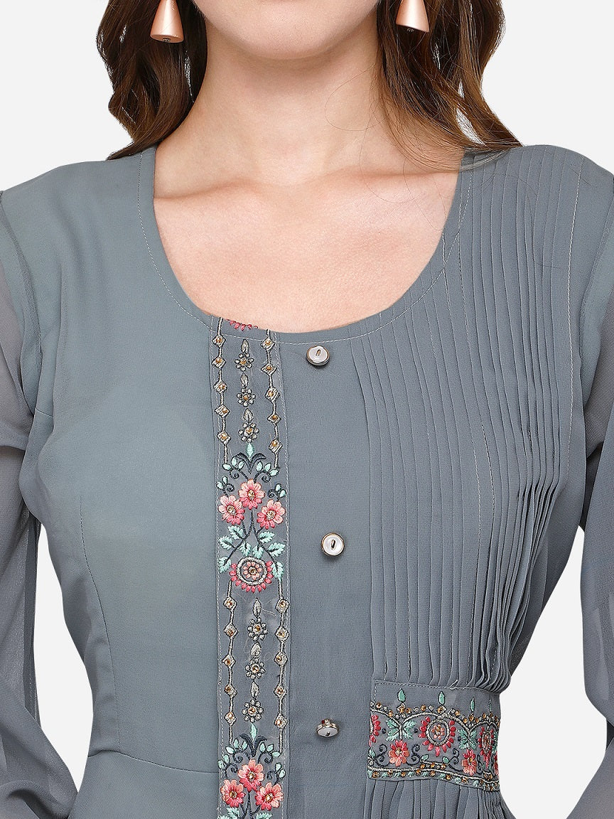 Designer Light Grey Color Fancy Sleeve Pattern Georgette Gown