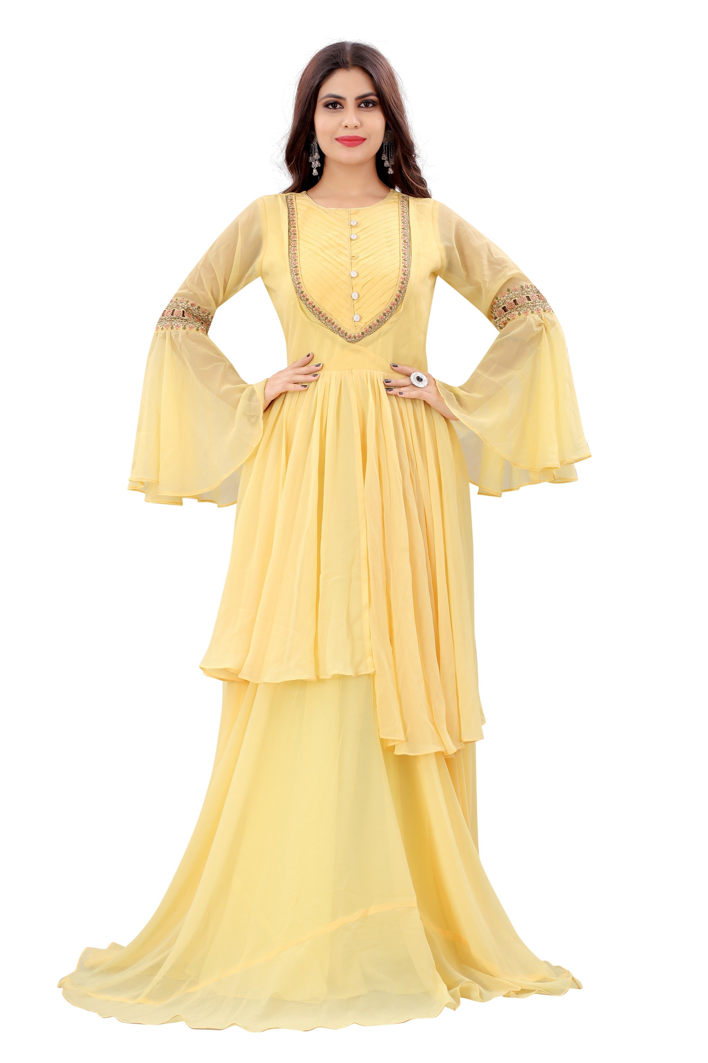Designer Yellow Color Fancy Sleeve Pattern Georgette Gown