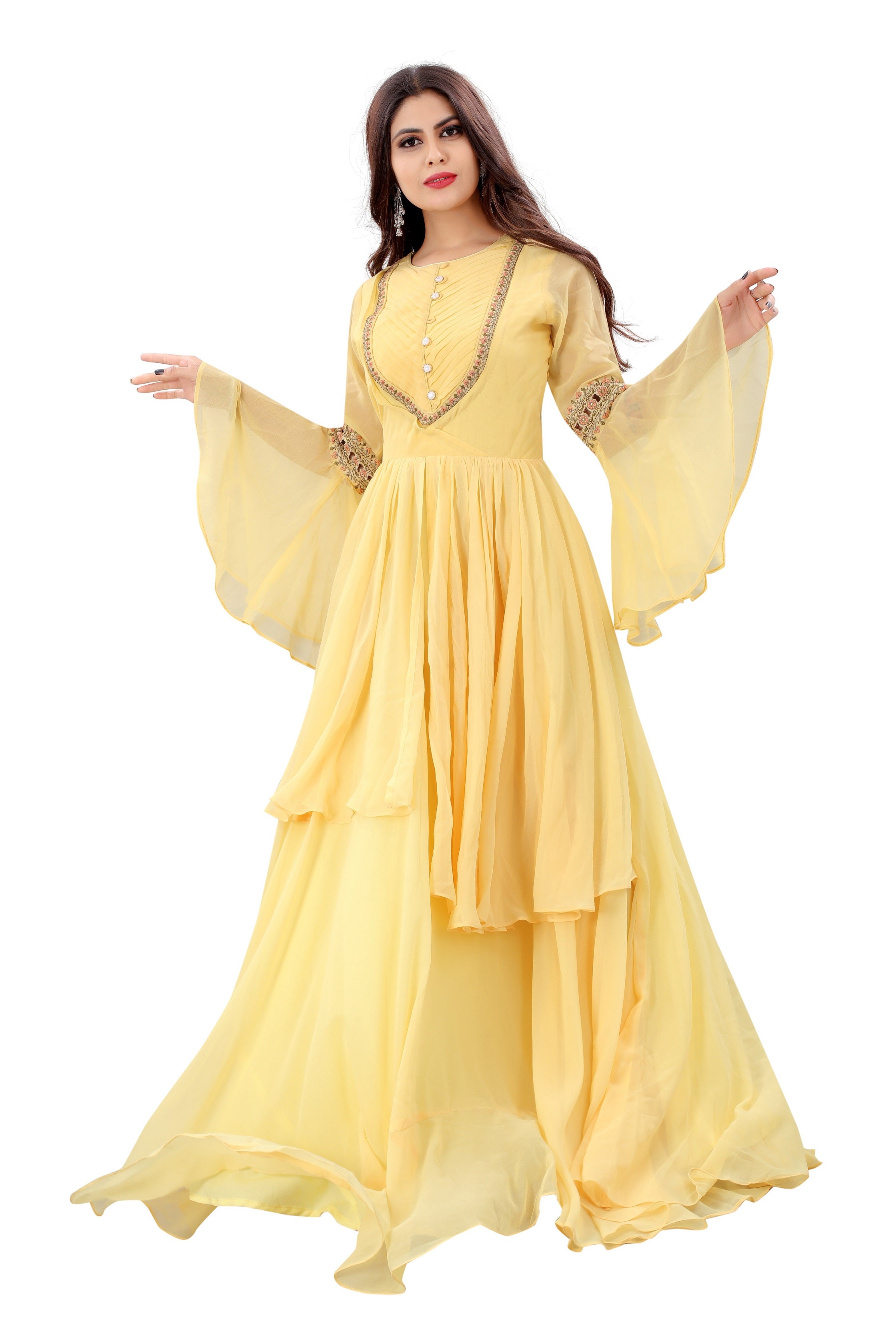 Designer Yellow Color Fancy Sleeve Pattern Georgette Gown
