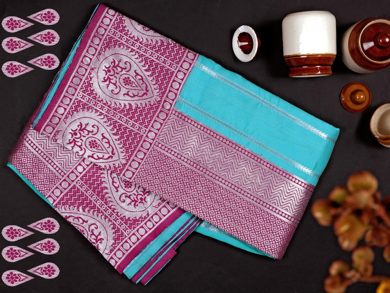 Beautiful Sky Blue With Pink Color Silk Saree