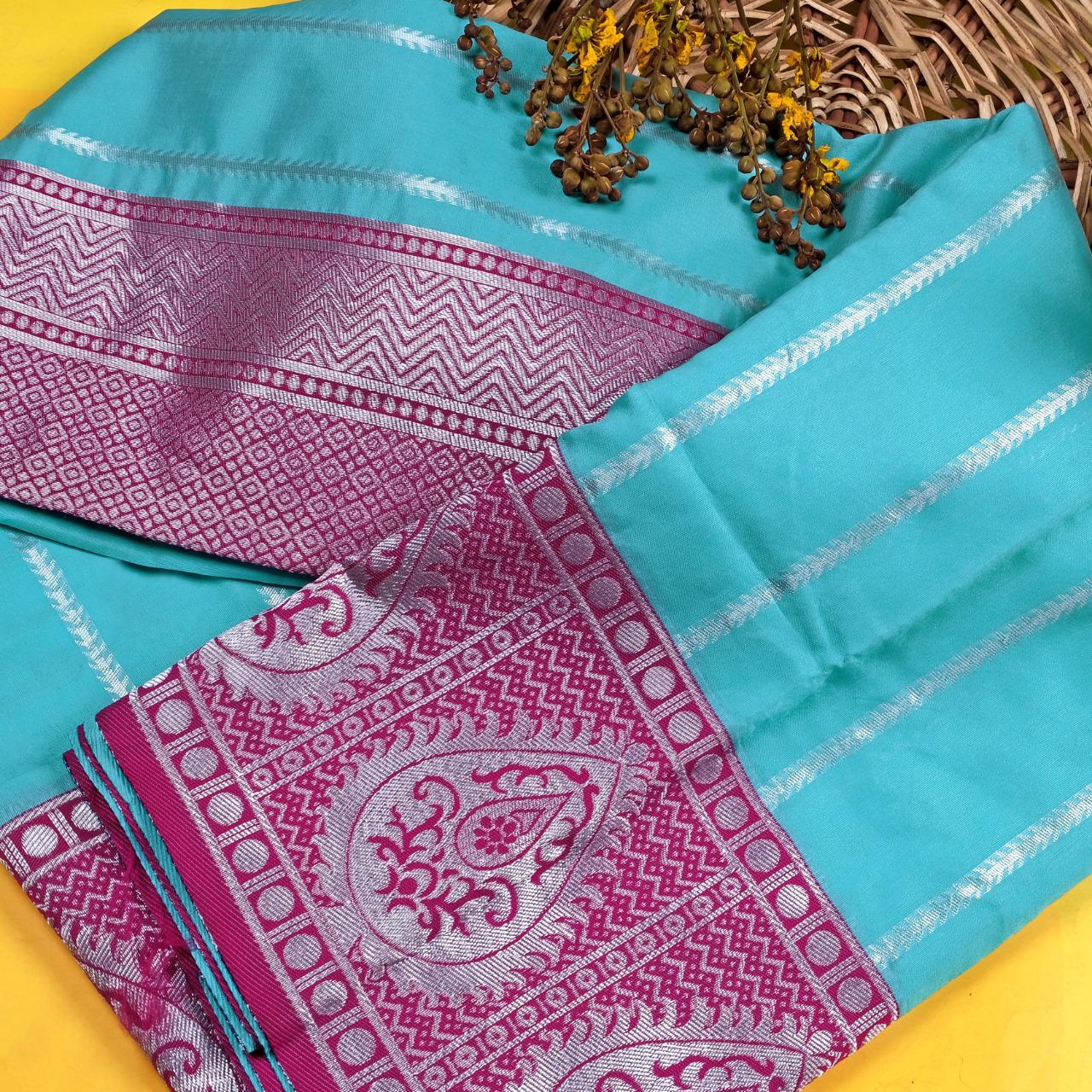 Beautiful Sky Blue With Pink Color Silk Saree