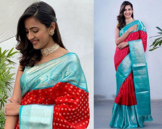 Stunning Sky Blue With Red Color Saree