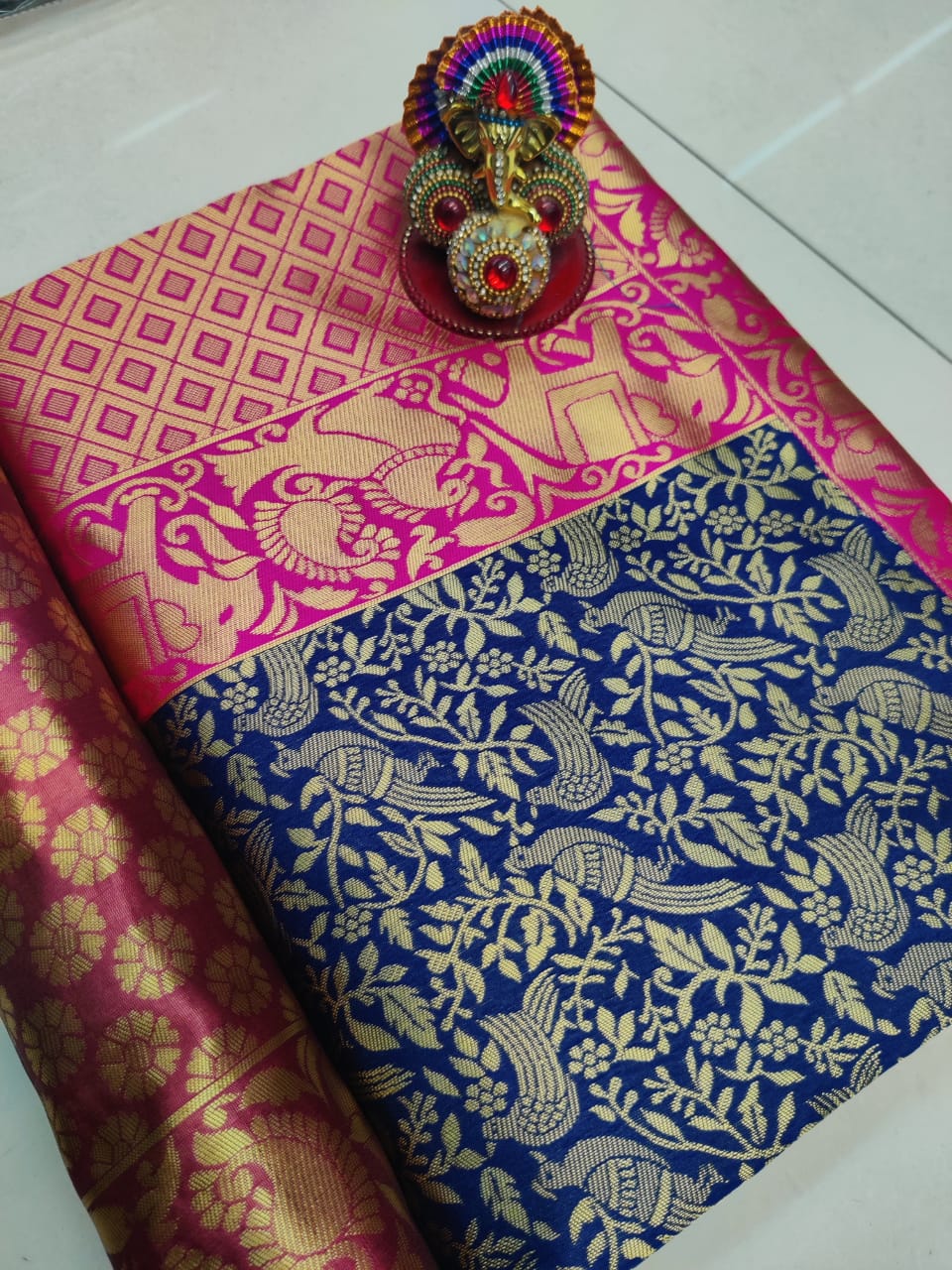 Opulent Blue With Pink Color Soft Lichi Silk Saree