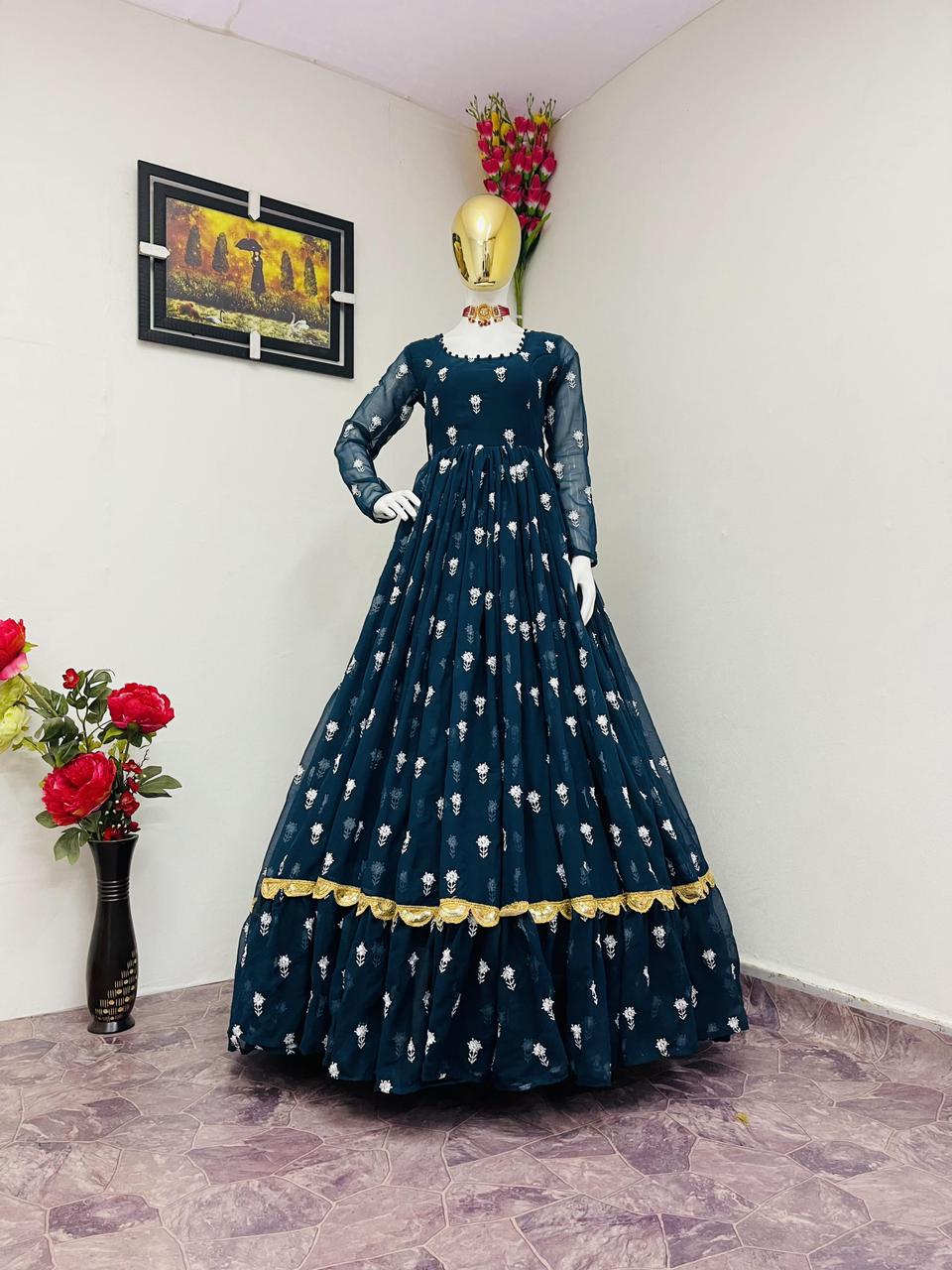 Blue Color Ruffle Embroidery Work Designer Stylist Gown