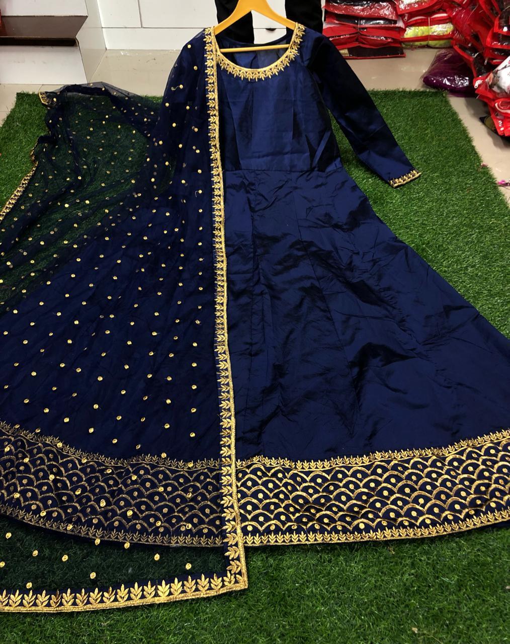 Elegant Navy Blue Color Embroidery Work Gown