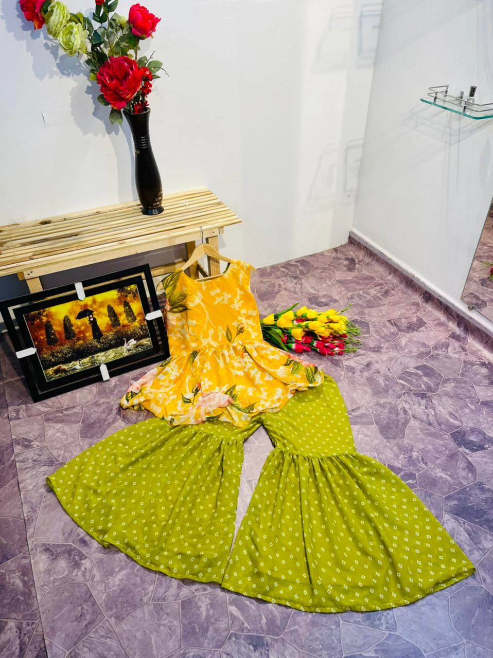 Gorgeous Yellow And Parrot Green Printed Sharara Suit