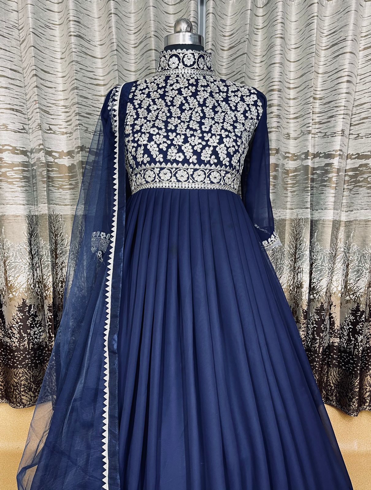 Navy Blue Color Party Wear Embroidery Coding Work Gown With Dupatta