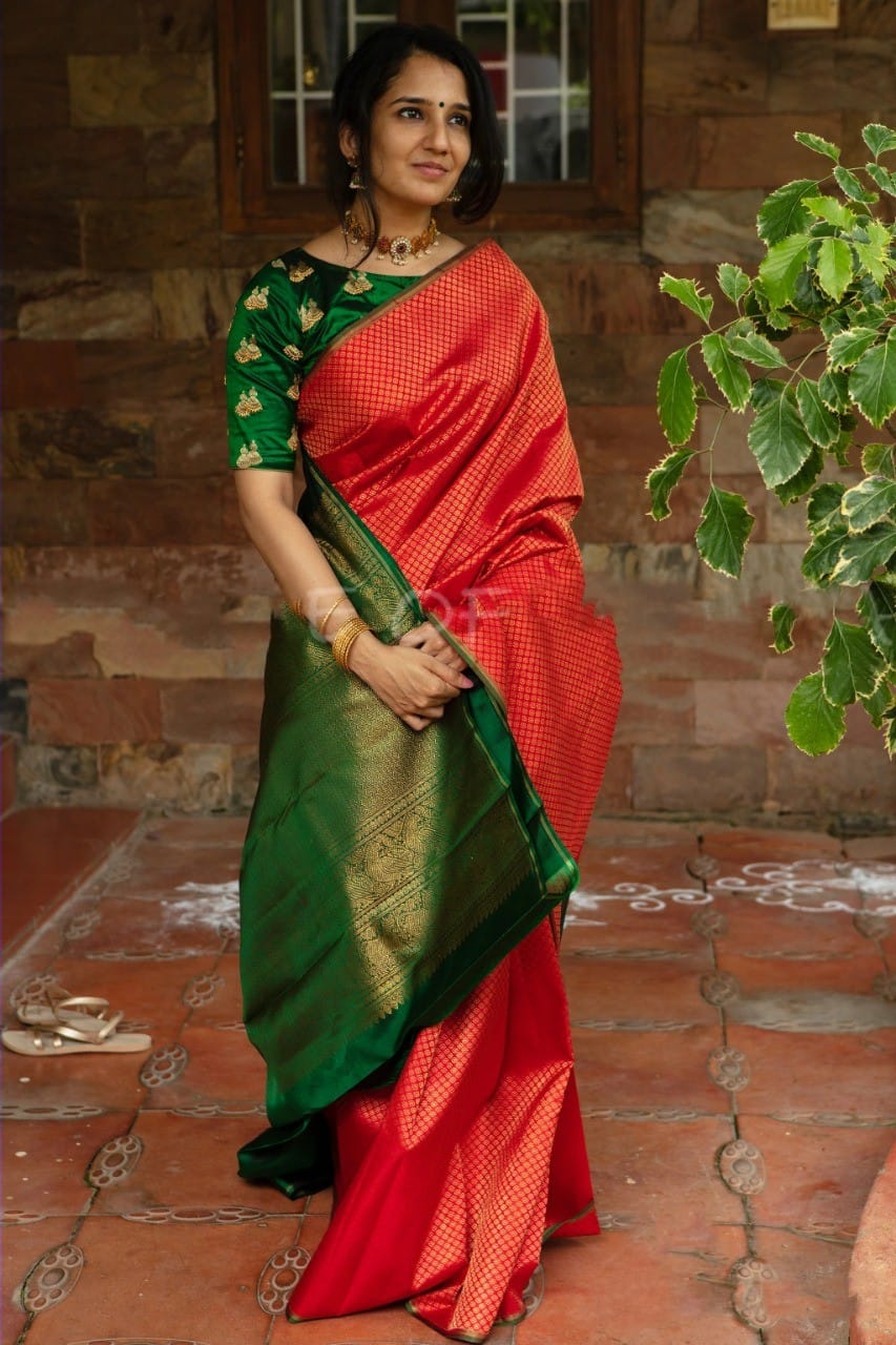 Wedding Wear Red And Green Color Saree