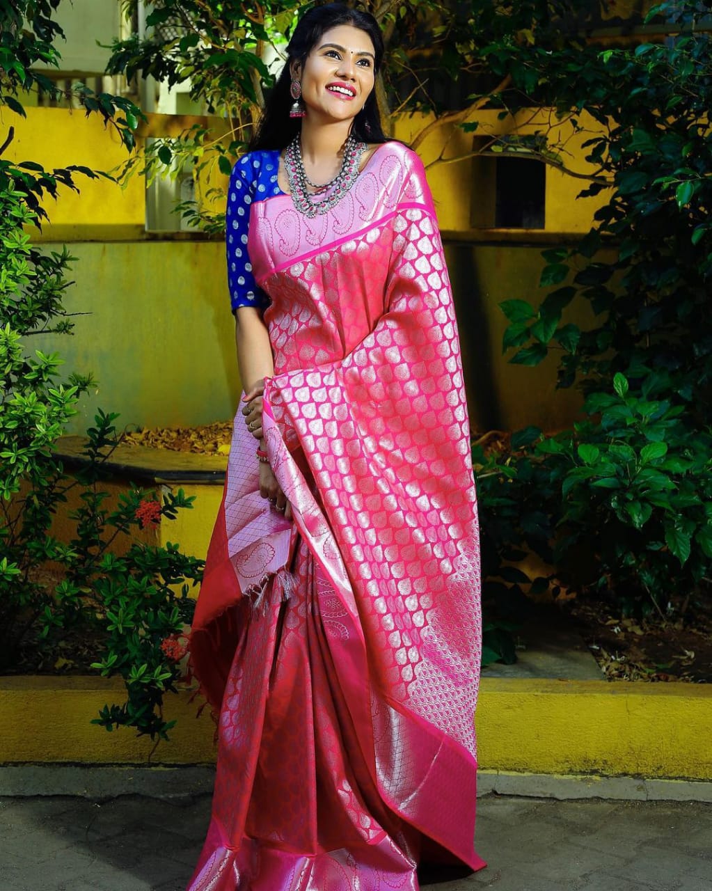 Pink Color Soft Lichi Silk Silver Jari Saree