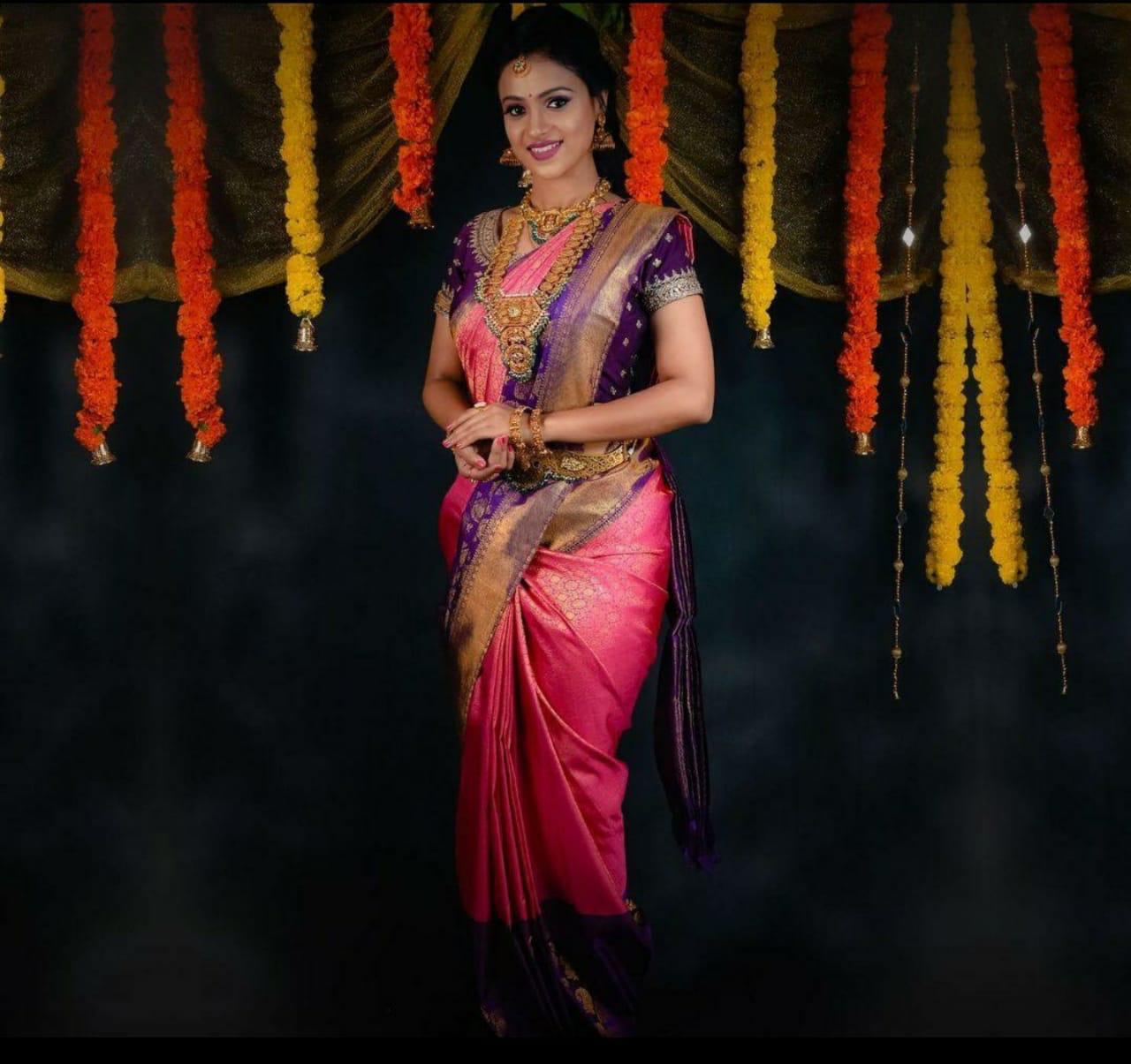 Imposing Pink And Purple Banarasi Silk Saree