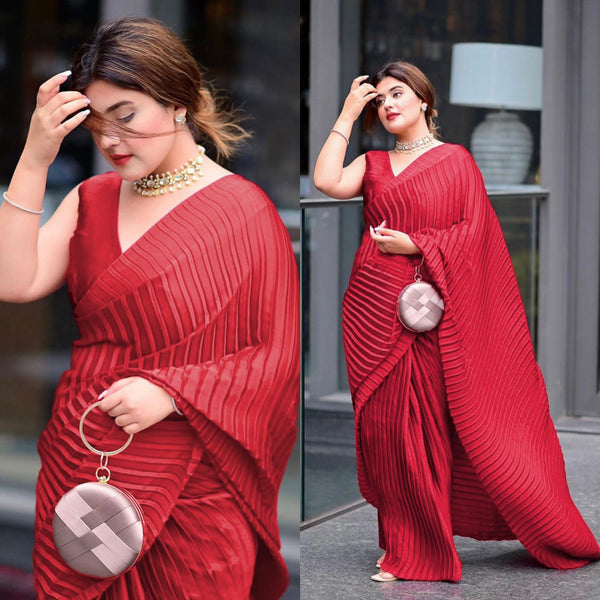 Red Color Vichitra Silk Pleated Saree