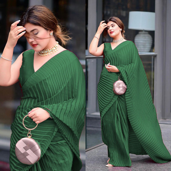 Green Color Vichitra Silk Pleated Saree